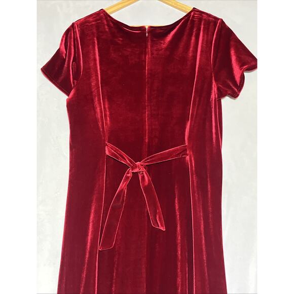 Hillared & Hanson Velvet Midi Shift Dress 12 Red Short Sleeve Holiday Tie Back - Picture 4 of 9
